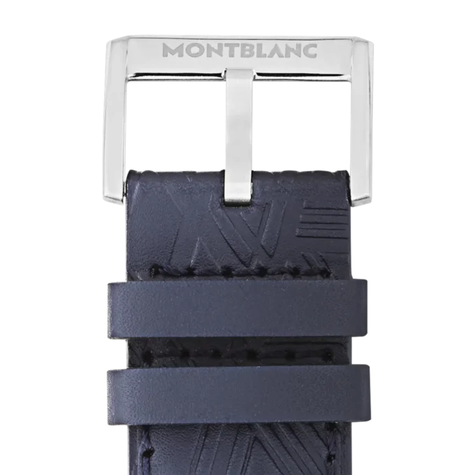 Blauer Kalbslederriemen mit grauer Dornschließe