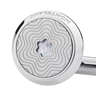 Manschettenknöpfe, rund, aus Edelstahl mit explodierendem Sternmuster und Emblem aus Perlmutt mit Schneekappe