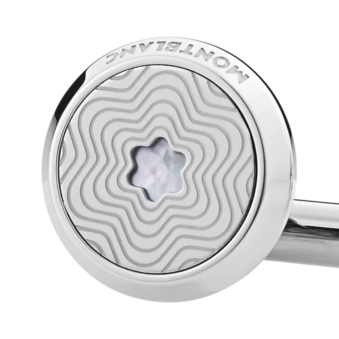 Manschettenknöpfe, rund, aus Edelstahl mit explodierendem Sternmuster und Emblem aus Perlmutt mit Schneekappe