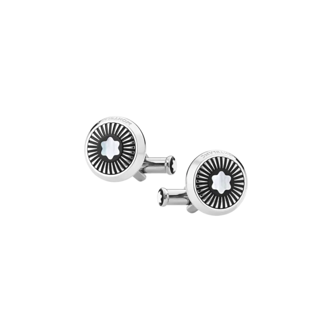 Manschettenknöpfe, rund, aus Edelstahl mit Strahlenmuster und Emblem aus Perlmutt mit Schneekappe