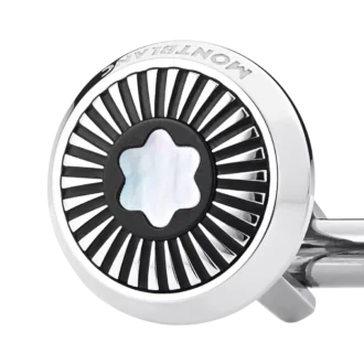 Manschettenknöpfe, rund, aus Edelstahl mit Strahlenmuster und Emblem aus Perlmutt mit Schneekappe