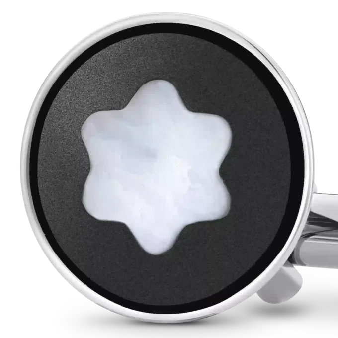 Runde Manschettenknöpfe aus Edelstahl mit schwarzer PVD-Einlage und Emblem aus Perlmutt in Schneekappe-Optik